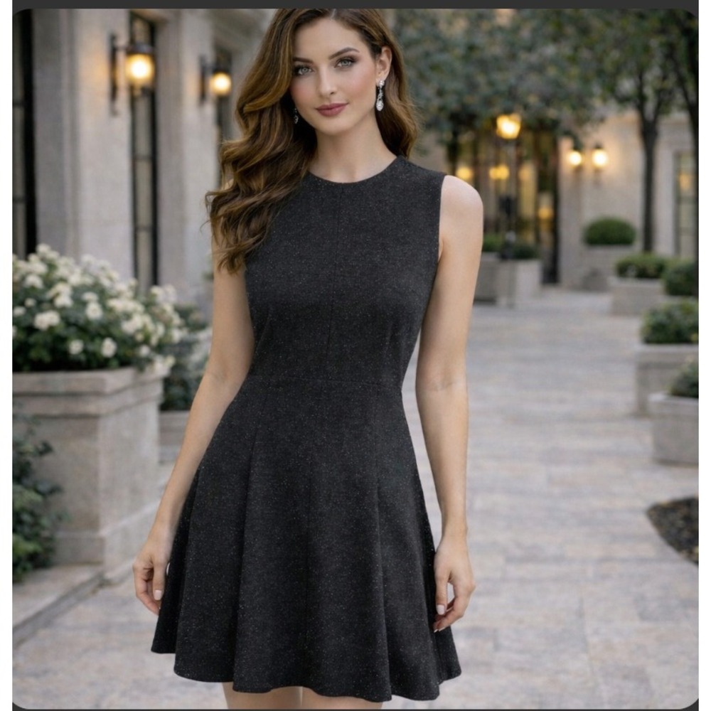 Theory Fit & Flare Mini Dress Sz 2 Charcoal Grey Flecked Sleeveless Wool‎ Blend